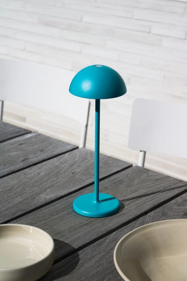 Lucide JOY - Lampe de table Rechargeable Intérieur/Extérieur - Batterie/Piles - Ø 12 cm - LED Dim. - 1x1,5W 3000K - IP54 - Turquoise - ambiance 1